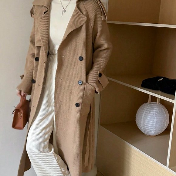 chic Double Breasted Belted Longline Cardigan Trench Coat Brown - Picture 3 of 4